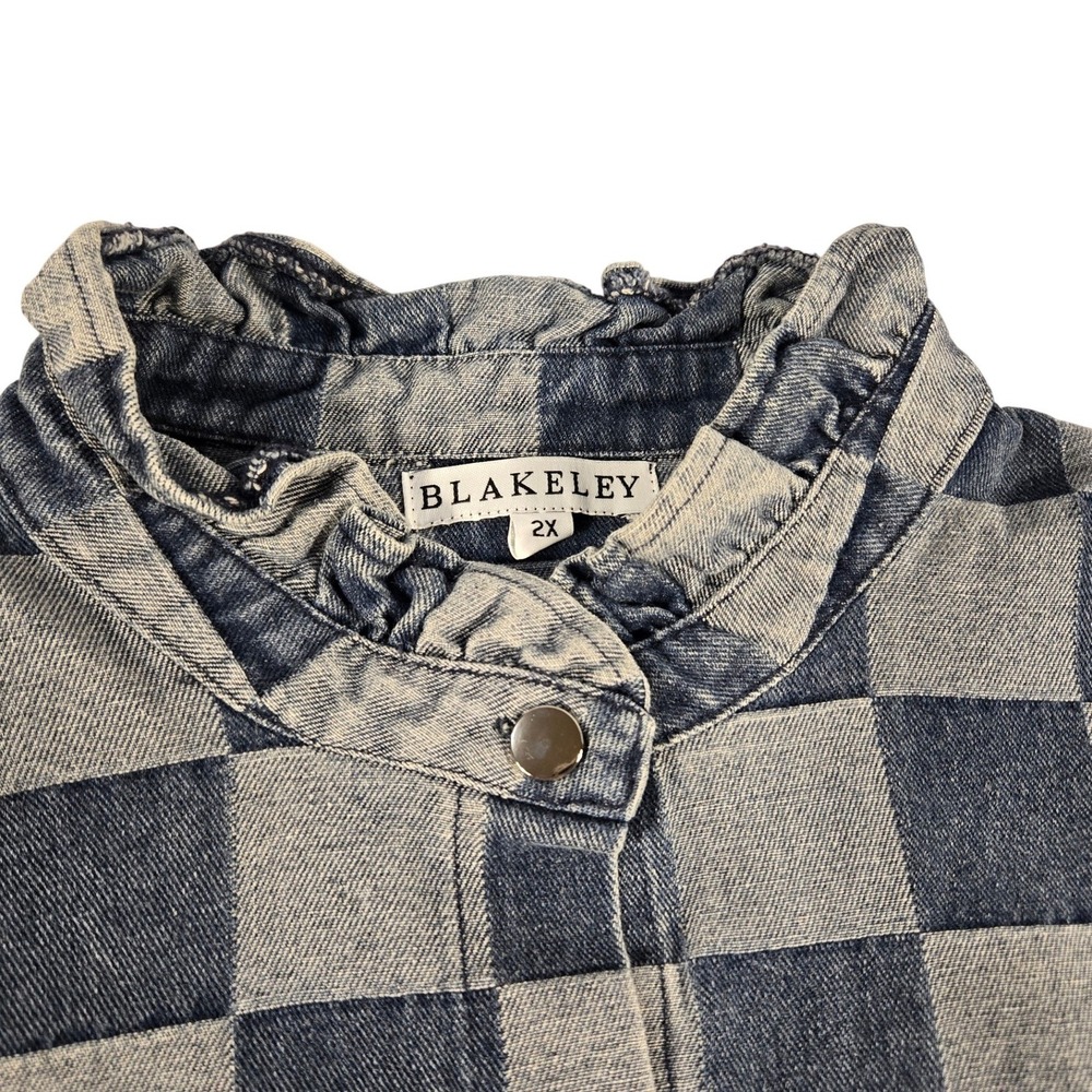 Blakeley Womens 2X Denim Vest‎ Blue Boho White Checkered Ruffle Neck Snap Front